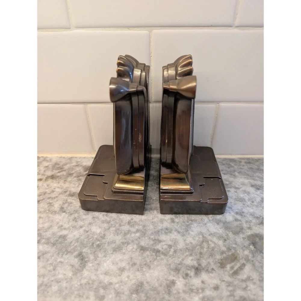 PAIR BRASS PLATED METAL LYRE HARP BOOKENDS PHILADELPHIA MANUFACTURING CO. (PMC)‎